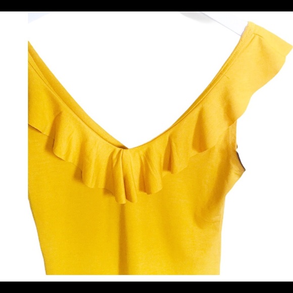 NWT FOREVER 21 Off Shoulder Bodysuit With Flutter Detail Mustard Yellow Medium - Picture 5 of 9